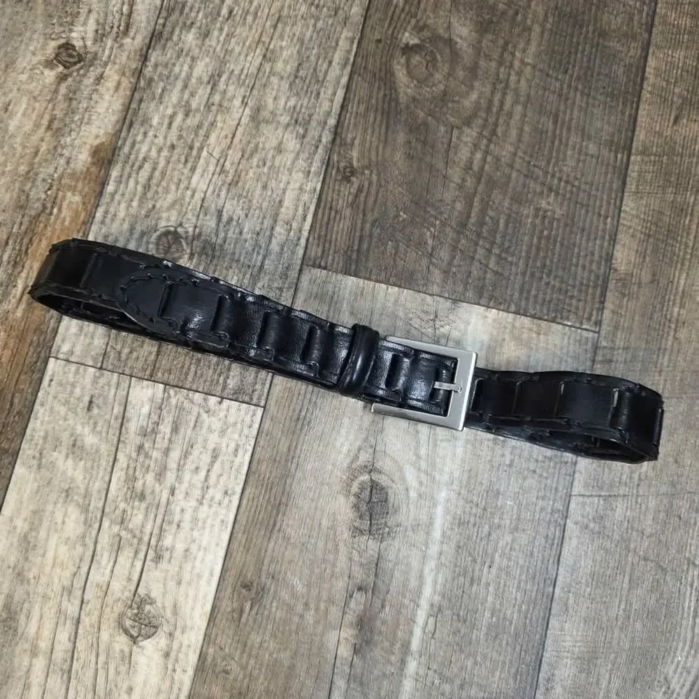 Vintage Woven Black Leather Belt Minimalist Old Money Small